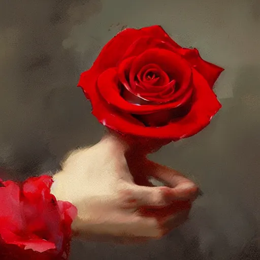 Image similar to hyperrealistic hand holding a red rose by ruan jia and greg rutkowski