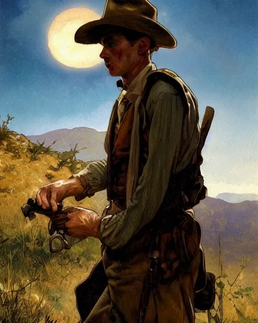 Image similar to side portrait Appalachian bootlegger boy with detailed features, moonshining still in the backdrop, dirt, Appalachian mountains, sharp focus, illustration, highly detailed, oil painting, matte, art by Greg Rutkowski and Alphonse Mucha, masterpiece