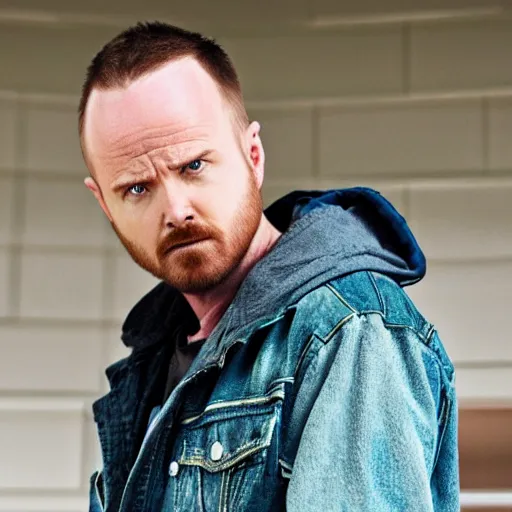 Prompt: Live Action Still of Aaron Paul dressed as and playing Walter White in Breaking Bad, real life, hyperrealistic, ultra realistic, realistic, highly detailed, epic, HD quality, 8k resolution, body and headshot, film still