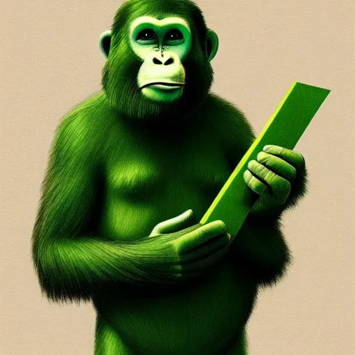 Image similar to Ape holding a green stock chart candle, studio portrait, high detail, artstation, digital painting, 8k, concept art