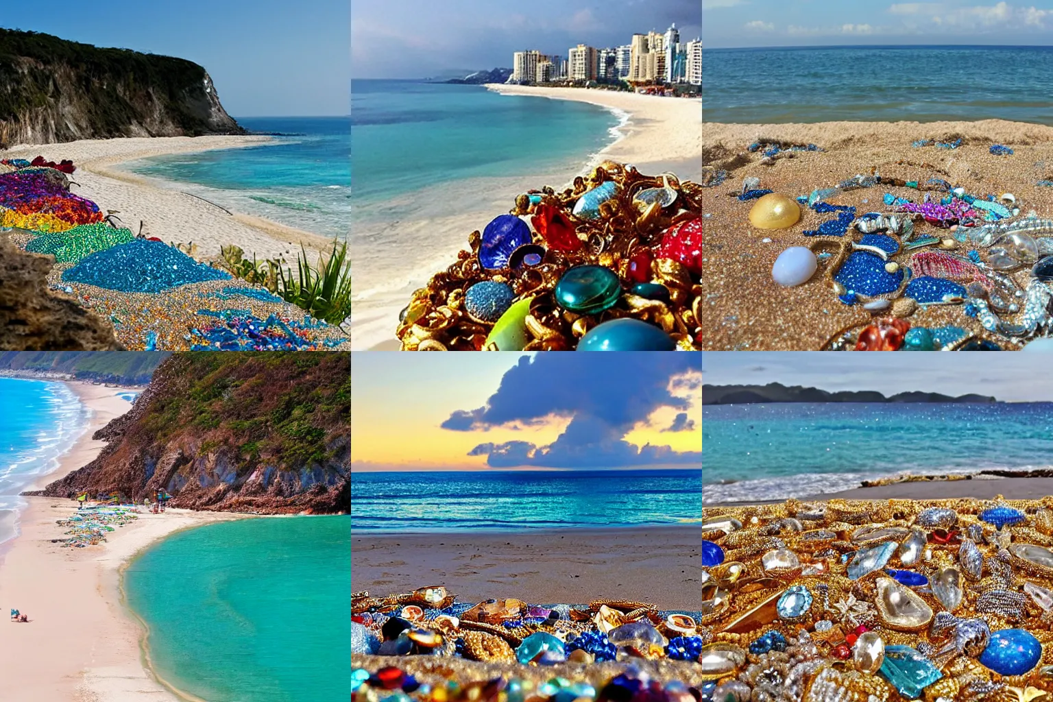 Prompt: a beach made of jewels, gold and precious stones, overlooking the sea