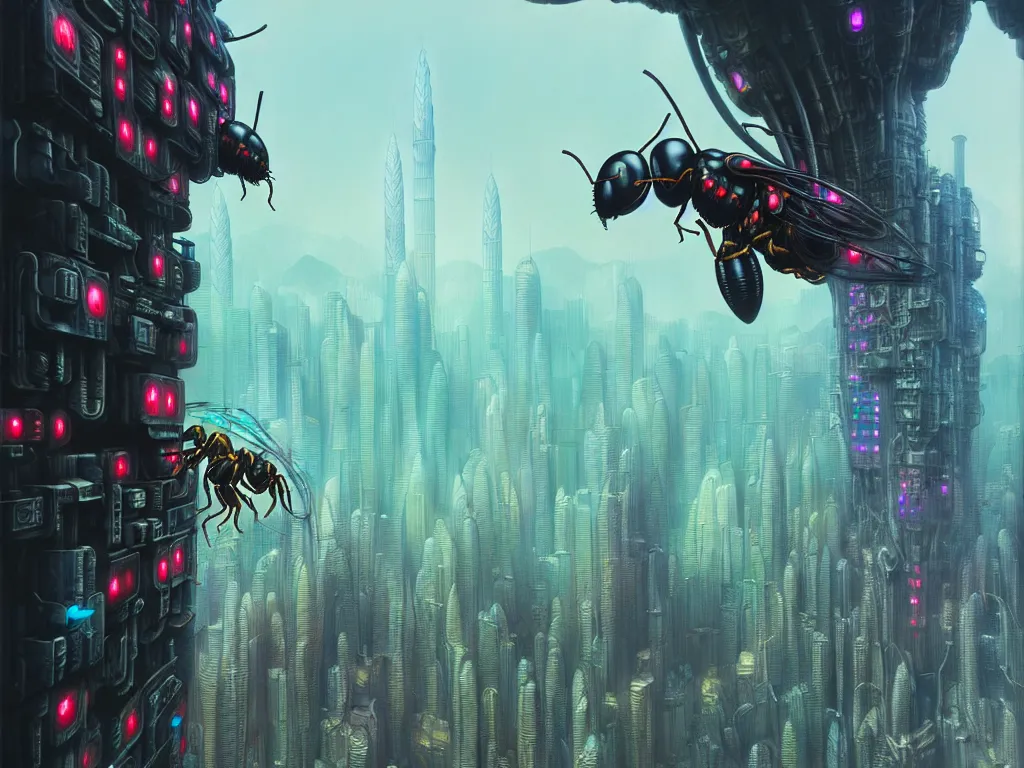 Image similar to cybernetic wasp colony, dripping with nectar, kowloon cyberpunk, by artgerm and kincaid and rutkowski and beksinski and giger, trending on artstation, octane render