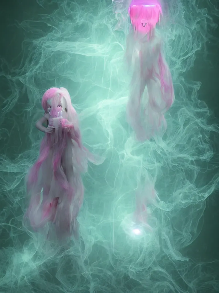 Prompt: cute fumo plush smiling ectoplasmic gothic jellyfish ghost girl, dancing on a foggy riverbank, glowing pink wisps of hazy green smoke, glowing lens flare, refraction, vray