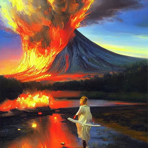 Prompt: painting volegov car blonde woman!!! erupting volcano!!!