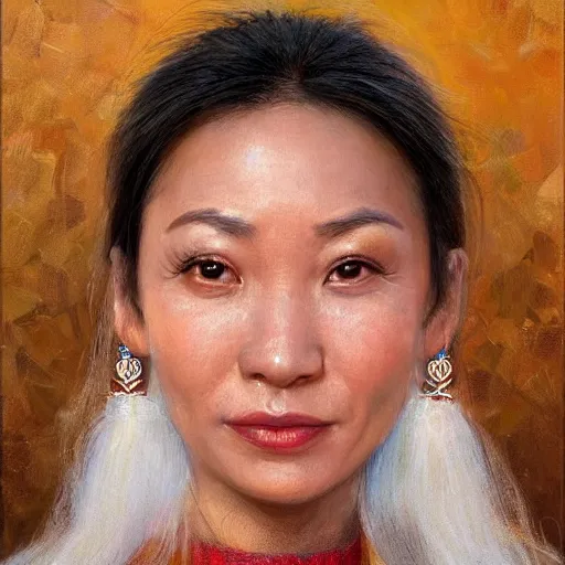 Image similar to portrait of an kyrgyzstani woman ( 3 5 ) from kyrgyzstan in 2 0 2 1, an oil painting by ross tran and thomas kincade