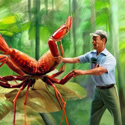 Image similar to Tom Hanks as forrest gump riding a giant shrimp in the jungle, realistic digital painting, photoreailstic, realistic face, amazing detail, sharp