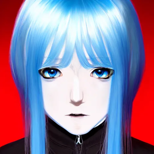 Image similar to full face shot of rimuru tempest, sky blue straight hair, long bangs, with amber eyes, wearing a black jacket, high collar, ultra detailed, concept art, award winning photography, digital painting, cinematic, wlop artstation, closeup, pixiv, evil, yoshitaka amano, andy warhol, ilya kuvshinov,