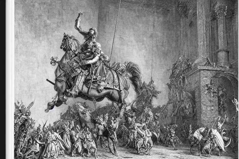 Image similar to highly detailed big open book, open book page, don quixote left the book, symmetrical face, magical, roman myth, masterpiece, highly detailed painting by gustave dore