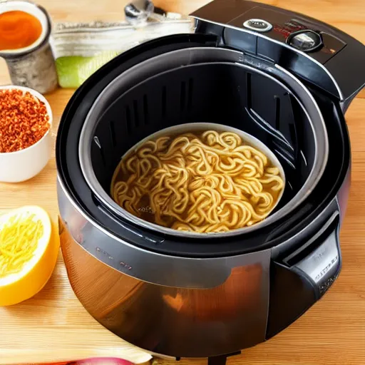 Image similar to Cooking ramen noodle soup in an airfryer, photo, kitchen interior background