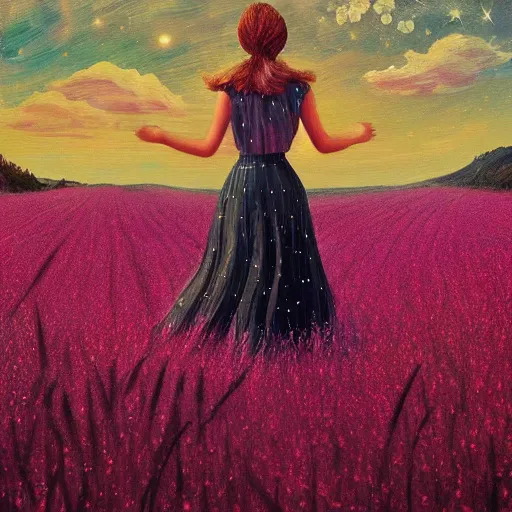 Image similar to giant pink daisy flower over head, girl walking in wheat field, hills, surreal photography, dark night, star trails, dramatic light, impressionist painting, clouds, digital painting, artstation, simon stalenhag