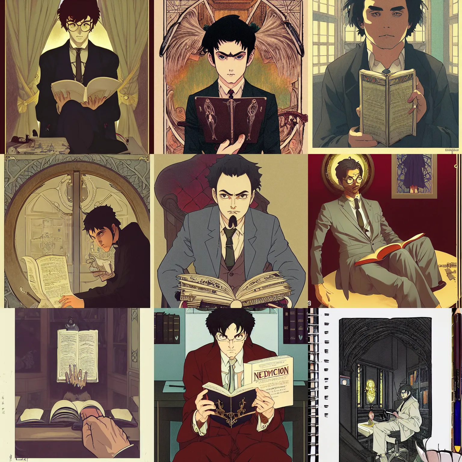 Prompt: an occult detective reading the necronomicon in his office, finely illustrated face, highly detailed, colored pencil, studio ghibli, tankobon, in the style of ilya kuvshinov and krenz cushart and william - adolphe bouguereau and alphonse mucha