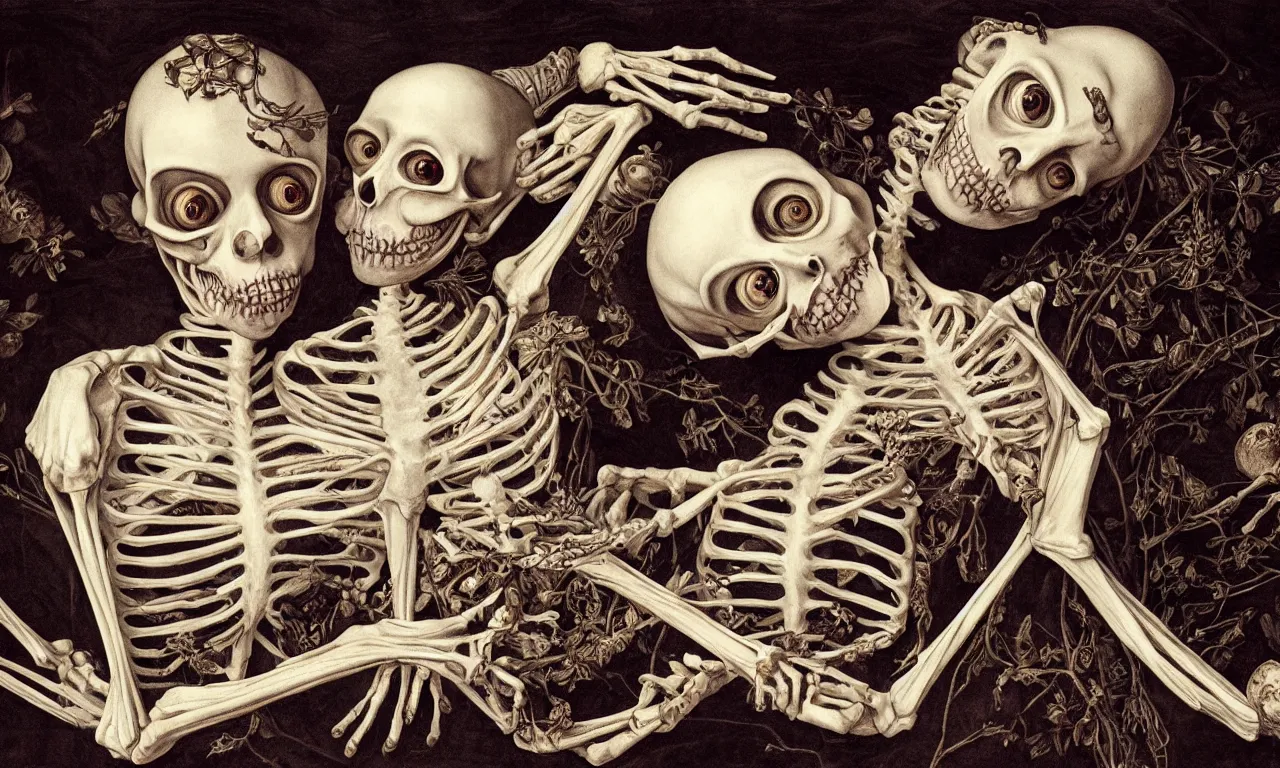 Prompt: intertwined bodies with large eyes and lips laying in bed, feeling an existential dread of love, HD Mixed media, highly detailed and intricate, skeletal, botany, surreal illustration in the style of Caravaggio, baroque dark art