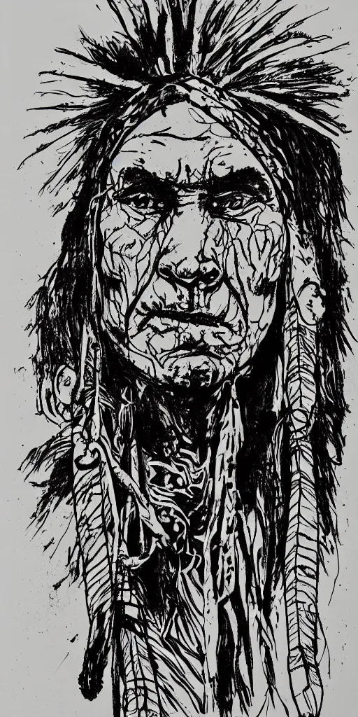 Image similar to a loose wild messy ink sketch portrait of a Native American shaman in the style of ralph steadman, caricature, dramatic