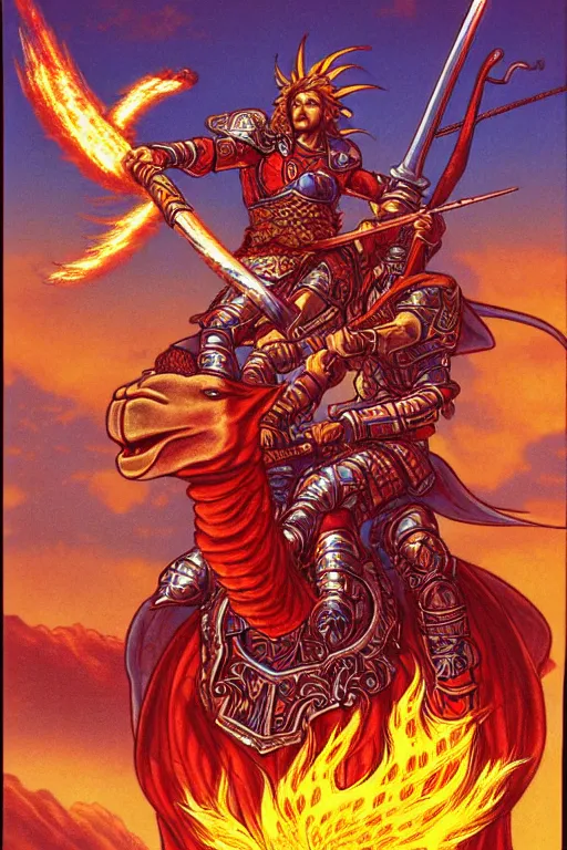 Image similar to illustration of warrior with a flaming sword riding a camel, praise the sun, in the style of moebius, ayami kojima, 1 9 9 0's anime, retro fantasy