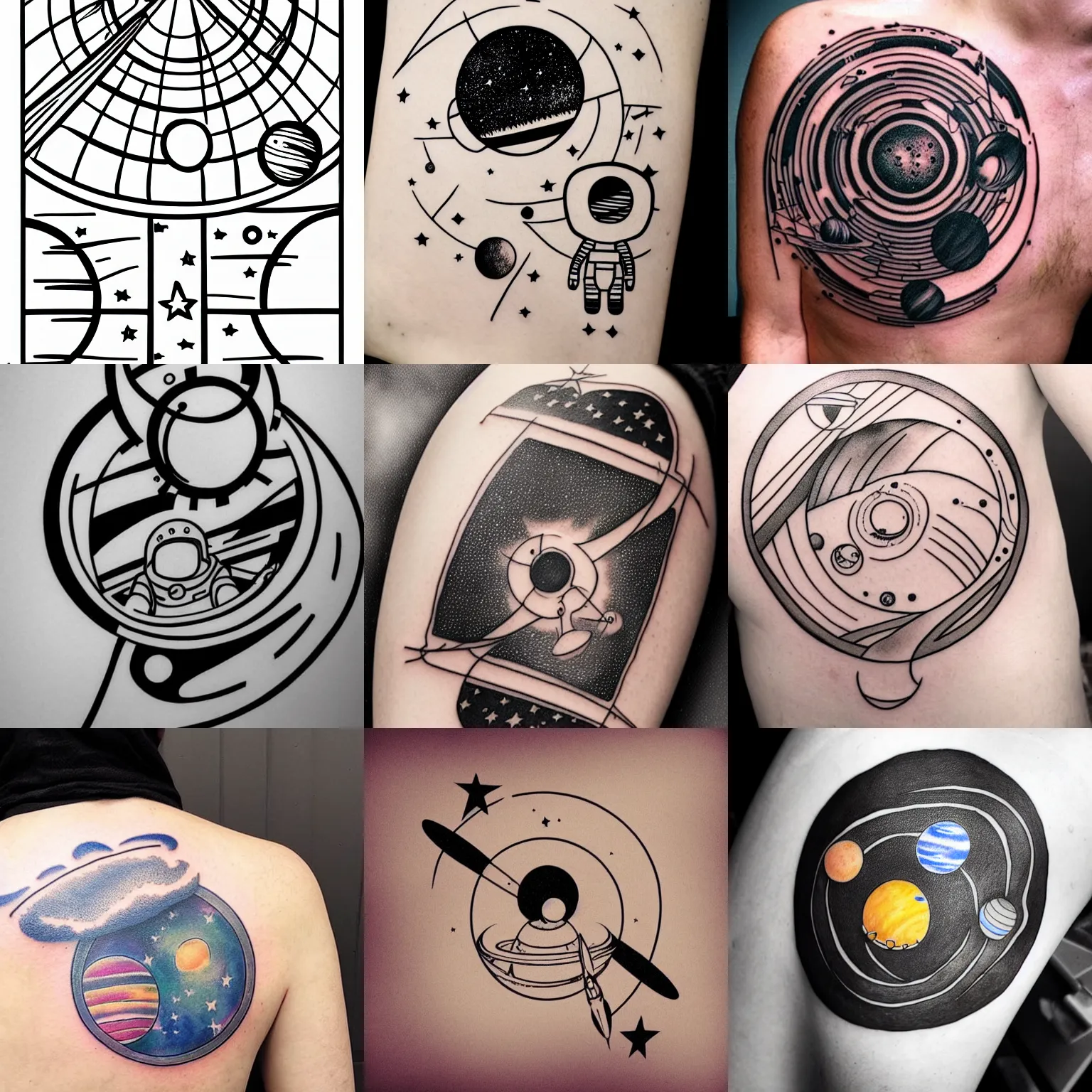 Prompt: outer space tattoo, line drawing, minimalistic, geometric, planets, galaxy, astronaut, black