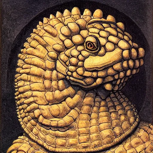 Image similar to portrait of an anthropomorphic ankylosaurus, sandro bottecelli, 1 5 0 0