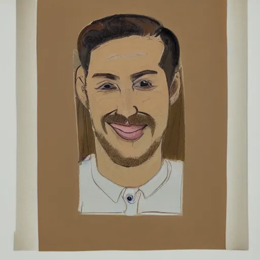 Prompt: a portrait of a caucasian man with wavey short hair, friedly smile, layered paper, muted color palette