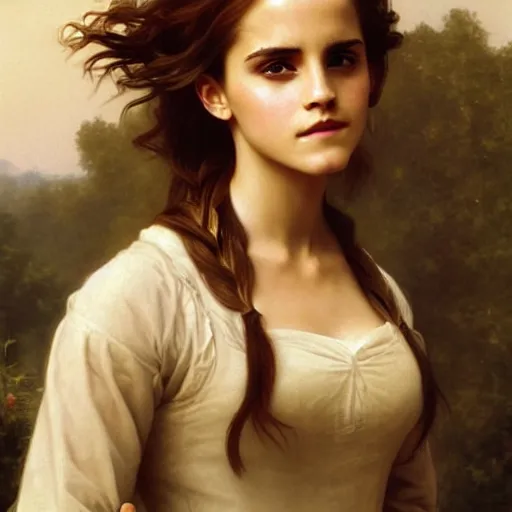 Image similar to Painting of Emma Watson as Hermione Granger. Art by william adolphe bouguereau. During golden hour. Extremely detailed. Beautiful. 4K. Award winning.