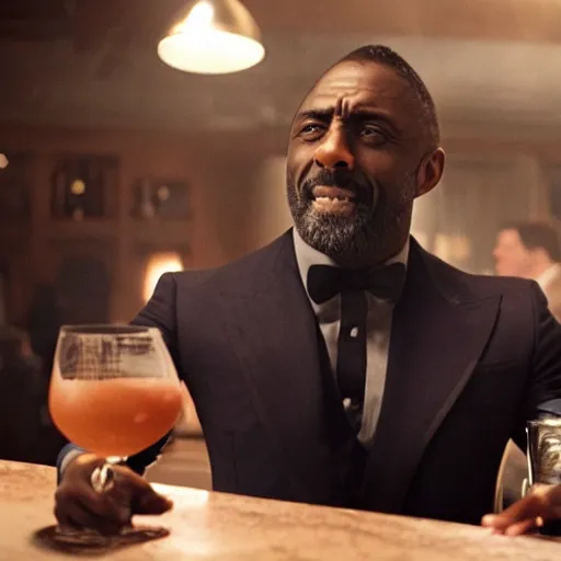 Prompt: film still of Idris Elba at a bar drinking a martini as James Bond