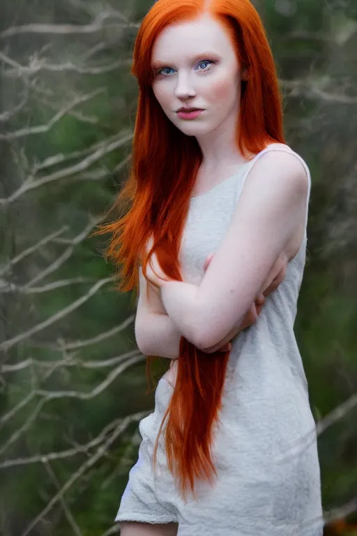 Image similar to a portrait of a redhead beautiful girl, green eyes, highly detailed, 3 5 mm f 1. 4 background silver fir