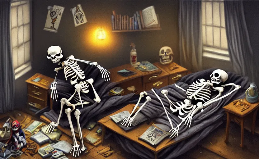 Prompt: cozy skeleton that is dressed in sleepwear, skeleton wearing pajamas, skeleton equipped in nightcap and slippers, classic oil painting, old, in the style of d & d and mtg, tim jacobus, extreme clutter, messy room, knickknacks, books, scrolls, cool tones, fog, mystic, dark lighting, award - winning art, extremely detailed, sharp focus