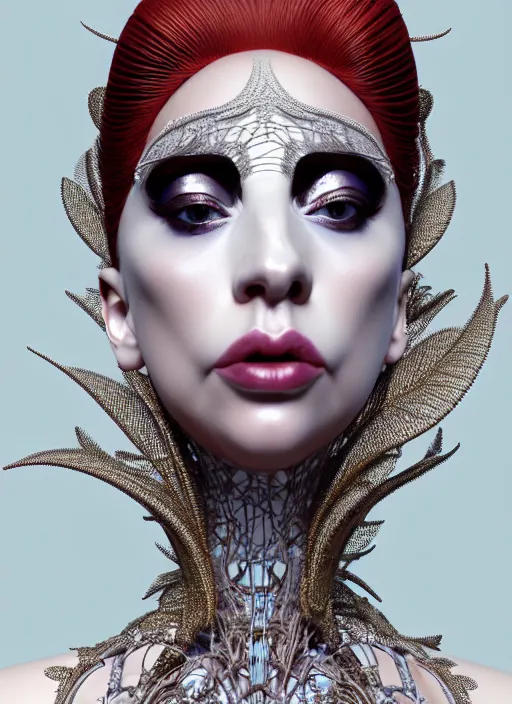 Image similar to complex 3d render ultra detailed of a beautiful porcelain lady gaga face, mechanical vegetal cyborg, 150 mm, beautiful natural soft light, rim light, silver gold details, magnolia big leaves and stems, roots, fine foliage lace, mesh wire, Alexander Mcqueen haute couture, lady Gaga style, intricate details, hyperrealistic, mandelbrot fractal, anatomical, red lips, silver metal armor, facial muscles, cable wires, microchip, elegant, white background, octane render, H.R. Giger style, 8k