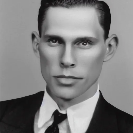 Image similar to A photograph portrait of Jerma985 wearing a suit with short slicked hair in the early 1930s, taken in the early 1930s, grainy, taken on a early 1930s Kodak Camera, realistic, hyperrealistic, very realistic, highly detailed, very detailed, extremely detailed, detailed, digital art, trending on artstation