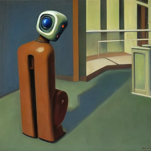 Image similar to robot judge, guards, chambers, brutalist, dystopian, pj crook, edward hopper, oil on canvas