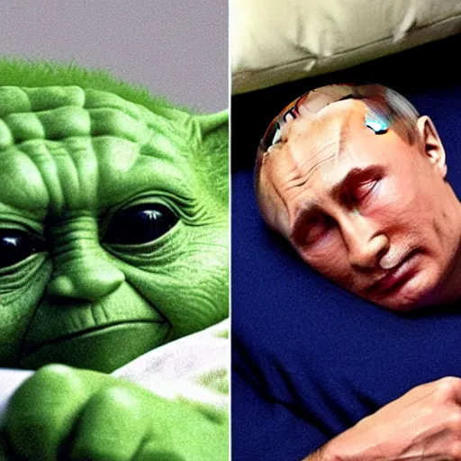 Image similar to putin sleeping in bed next to yoda