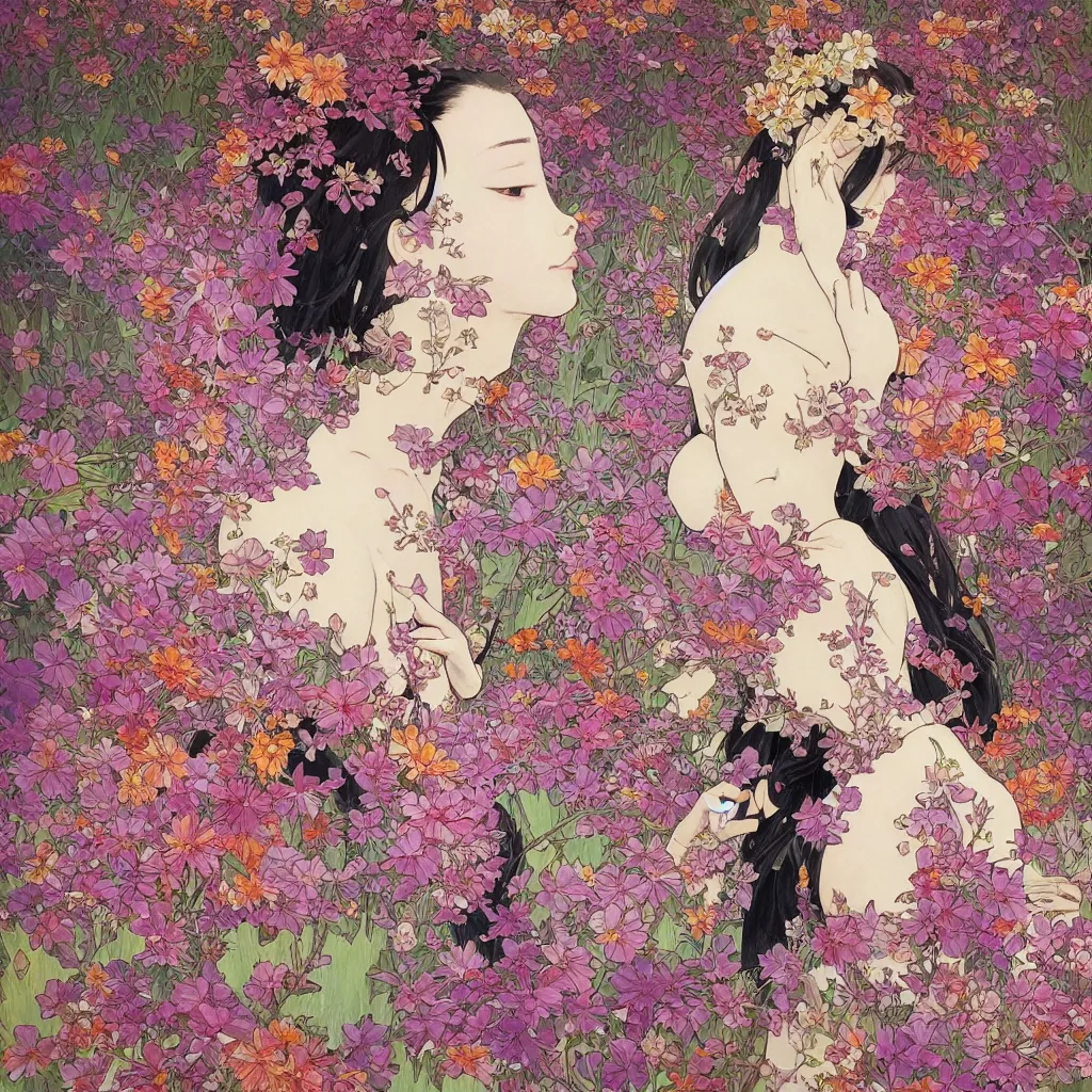 Image similar to oil painting, long shot, beautiful floralpunk japanese girl illustration walking in a park, detailed patterns art of japan traditional dress, flower pop art, floral splash painting, art by ashley wood, alphonse mucha, makoto shinkai, geof darrow, dark shadow