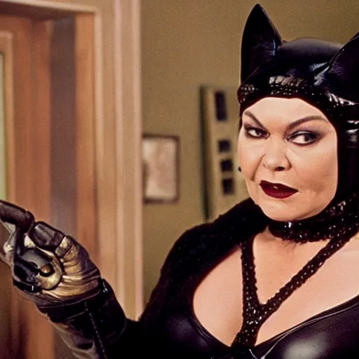 Image similar to roseanne barr as catwoman, movie still