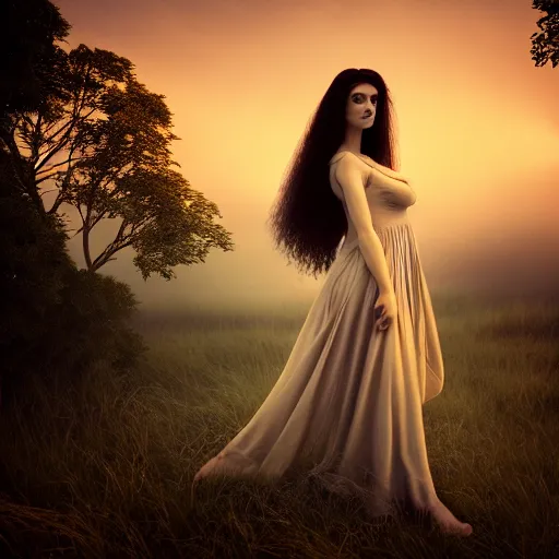 Image similar to photographic portrait of a stunningly beautiful gothic female in soft dreamy light at sunset, contemporary fashion shoot, by edward robert hughes, annie leibovitz and steve mccurry, david lazar, jimmy nelsson, breathtaking, 8 k resolution, extremely detailed, beautiful, establishing shot, artistic, hyperrealistic, beautiful face, octane render