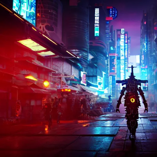 Prompt: A wide shot of a cyborg samurai, cyberpunk background with steampunk vehicles. High action glowing neon lights. Very beautiful, Cinematic, volumetric lighting, Award winning, ultra high resolution, intricate details, rendered with unreal engine, octane render, UHD 8K