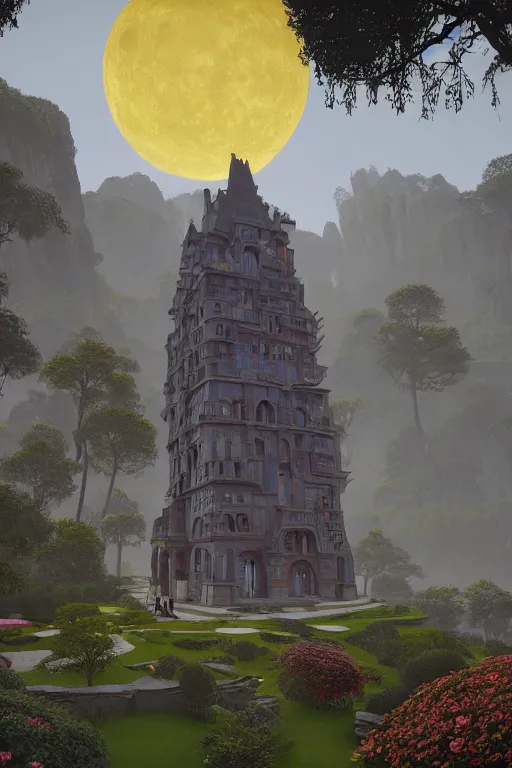 Image similar to distance view of the painted tower of the moon in its gardens fairytale illustration, carved balconies, tall windows, dramatic cinematic lighting, rich colors, golden age illustration, by Ludwig Deutsch and and Sylvain Sarrailh and April Gornik and (Edmund Dulac and Nicholas Roerich),unreal engine