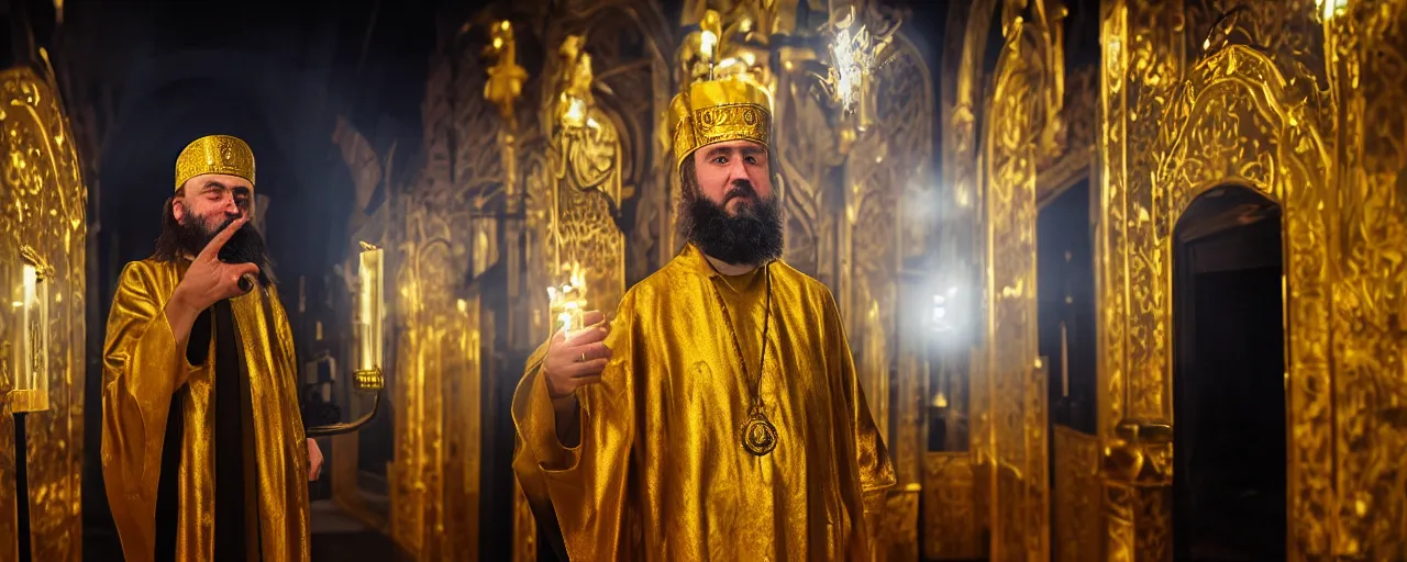 Prompt: orthodox priest in golden clothes with cute caracal head, wearing vr, in orthodox church, orthodox icons, volumetric lighting, night, atmospheric, ambients, dramatic, noir, blur, bokeh, cinematic, shallow depth of field, 8 0 mm, f 1. 8
