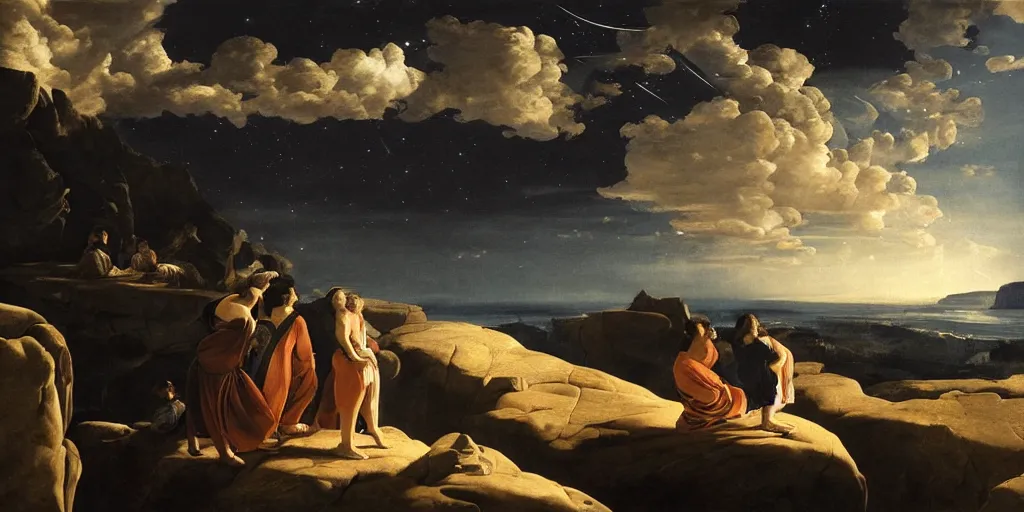 Image similar to beautiful oil matte portrait painting, people looking into the sky at the edge of a cliff watching the stars, wonderful masterpiece highly detailed, beautiful cinematic light deep focus, elegant, digital painting, smooth, sharp focus, golden ratio, dramatic illumination, ultra realistic, 8 k, art by artemisia lomi gentileschi and caravaggio