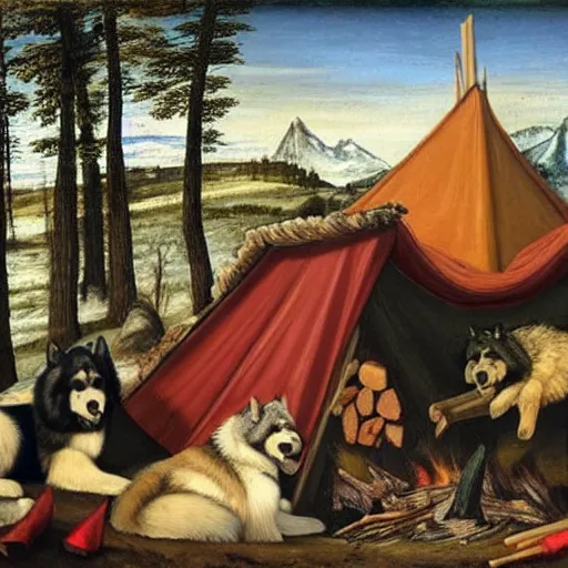 Image similar to alaskan malamute behind campfire in medieval setting, as a renaissance painting