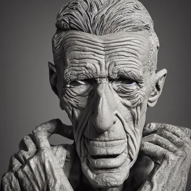 Image similar to photography of a sculpture of Samuel Beckett made of clay by Sebastian Kruger and Michelangelo, 50mm, studio atmosphere, 8K, rim light, octane render, ultra-realistic