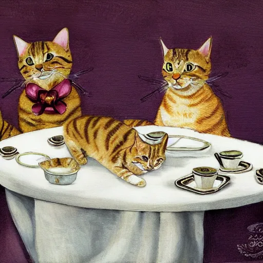 Prompt: three tabby cats attend a fancy english tea party, photorealistic