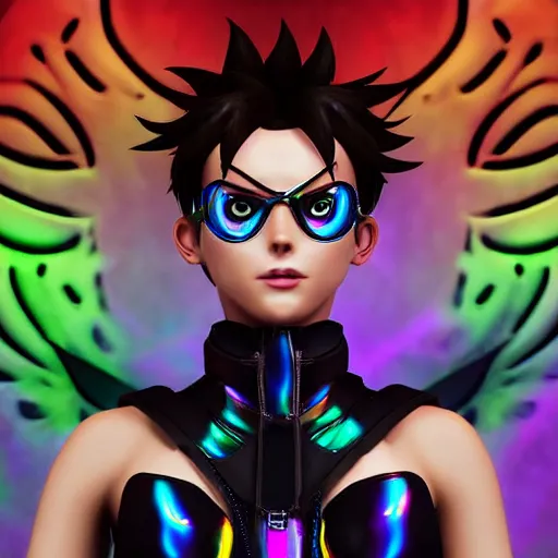 Image similar to portrait bust digital artwork of tracer overwatch, wearing black iridescent rainbow latex tank top, 4 k, expressive happy smug expression, makeup, in style of mark arian, angel wings, wearing detailed black leather collar, chains, black leather harness, detailed face and eyes,