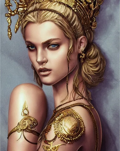 Image similar to tattoo design sketch of cute beautiful blonde super model as aphrodite greek goddess wearing a gold laurel wreath and triangle earrings, beautiful piercing gaze with sharp pupils, in the style of greg rutkowski, fantasy, amazing detail, epic, elegant, smooth, sharp focus, front view