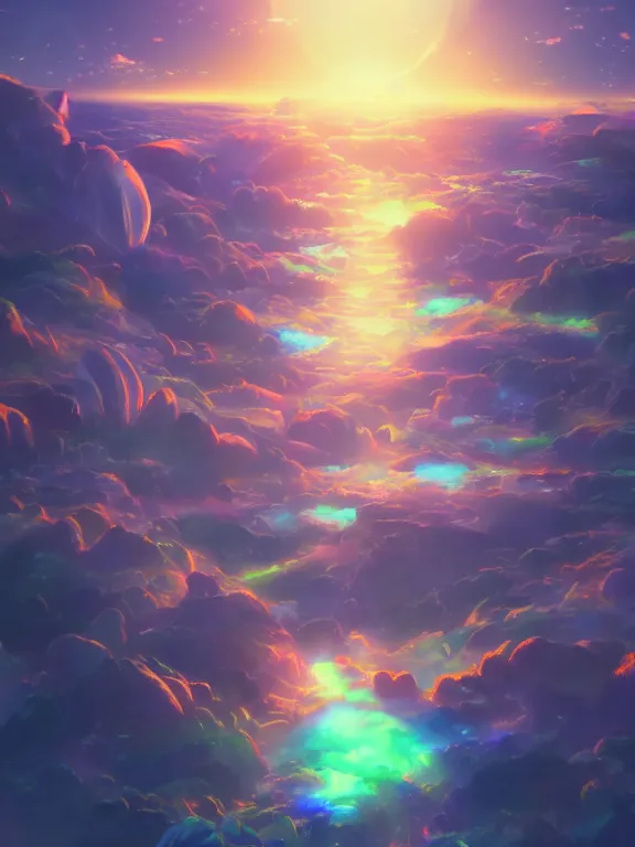 Image similar to a ultradetailed beautiful matte painting of a prismatic crystal absorbing the wonderful colors of the emotion around it to open the dream, anime art, high resolution 4 k, by makoto shinkai and beeple