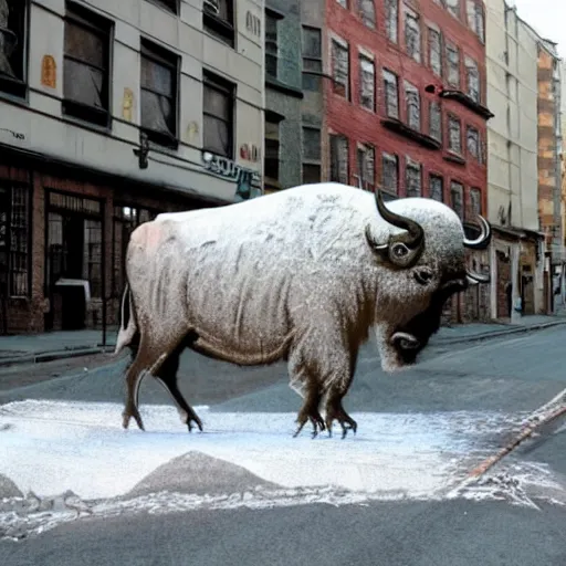 Image similar to a buffalo covered in flour in the middle of the street, graffiti banksy art