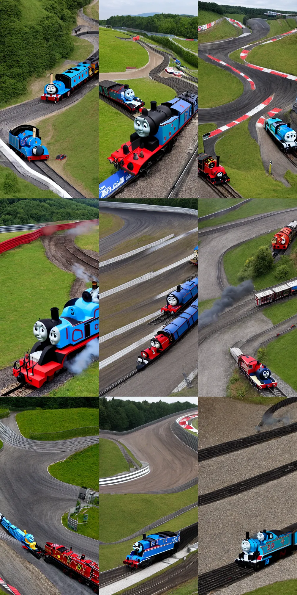 Image similar to Thomas the Tank Engine, on the racetrack Nurburgring Nordschleife. Setting a hot lap