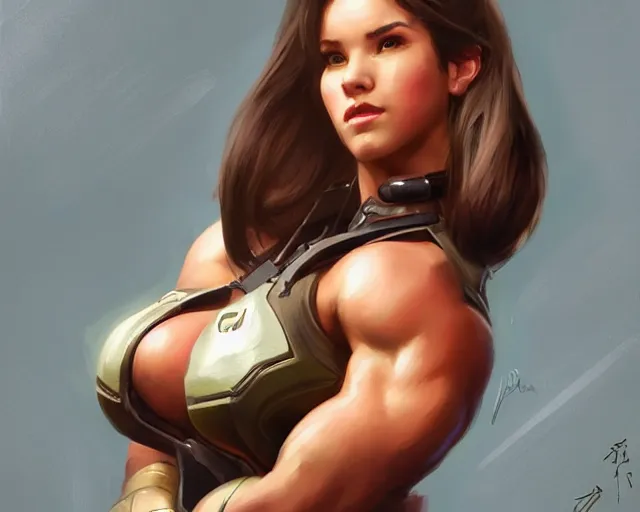 Image similar to portrait of d. va from overwatch as a beautiful female bodybuilder amazon with plump lips, elegant, fantasy, hd shot, digital portrait, beautiful, artstation, comic style, by artgerm, guy denning, jakub rozalski, magali villeneuve and charlie bowater