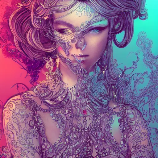 Image similar to the most incredibly beautiful and elegant and cute woman, an ultrafine detailed illustration by james jean, final fantasy, intricate linework, bright colors, behance contest winner, vanitas, angular, altermodern, unreal engine 5 highly rendered, global illumination, radiant light, detailed and intricate environment