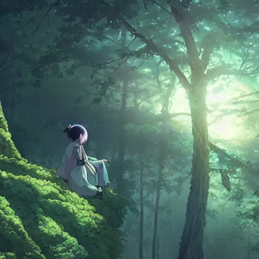 Image similar to ghost spirit, forest, standing on a tree top, 4 k, artgerm, high detail, dramatic lighting, sunset, hayao miyazaki, masashi ando, nizou yamamoto, kazuo oga, joe hisaishi, yoji takeshige, naoya tanaka