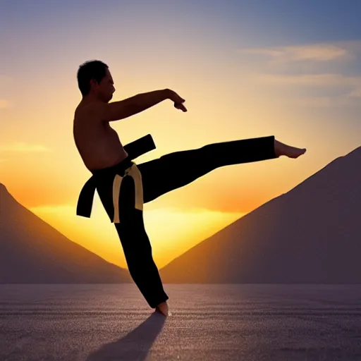 Prompt: a ninja practicing karate in front of a sunrise