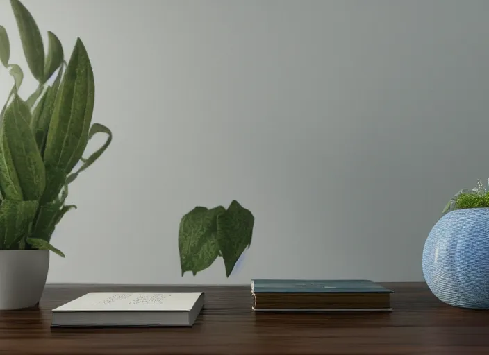 Image similar to a small miniature of a Denim Blue Audi A4 B6 on a white table near a book and a vase with a plant, 3d render, octane render, unreal engine 5, path tracing, serene landscape, calm, relaxing, beautiful landscape, highly detailed, high quality, 4k, symmetrical, low contrast