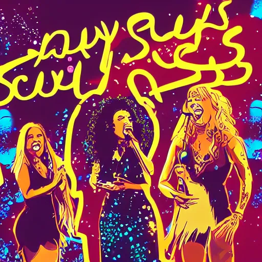 Image similar to illustration of a pop rock music group named'shiny souls'with two woman singers with blonde hair and one woman singer with brown curly hair singing in front of the crowd, aerial view, digital art